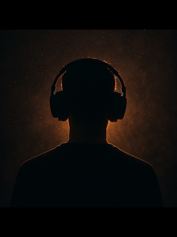 Persona in silhouette con cuffie, illuminata da una luce ambra nel buio.