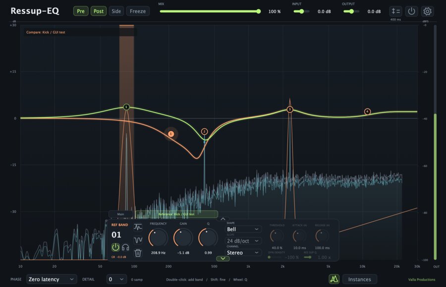 Ressup-EQ — 24-полосный эквалайзер, динамический EQ и подавление резонансов для формирования тембра и контроля резких частот в едином визуальном интерфейсе.