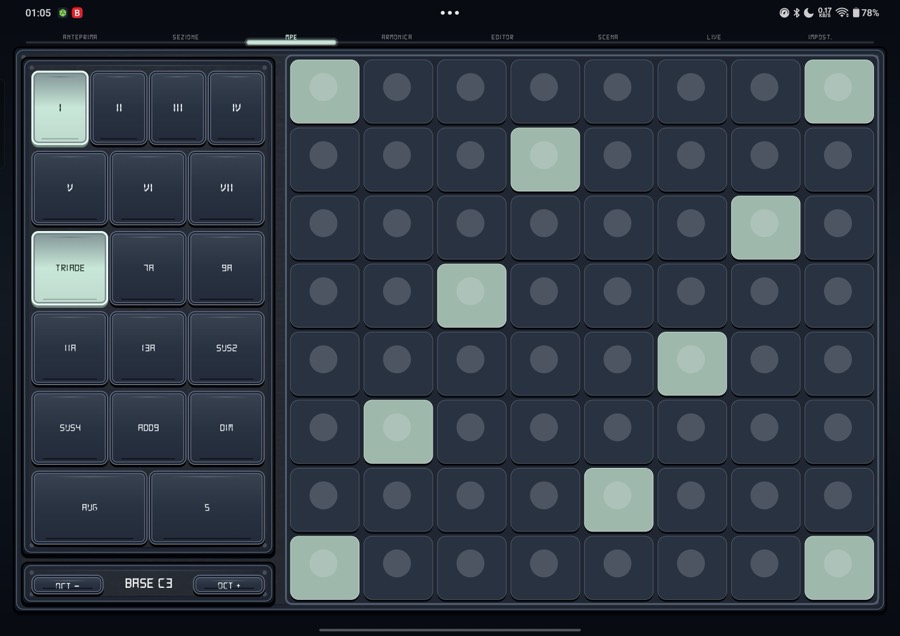 Rappresentazione editoriale dell'interfaccia di Harmony Engine: circle of fifths, pad accordi e piano roll su fondo scuro.