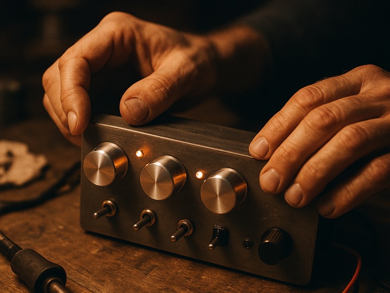 Mani al lavoro su un dispositivo audio artigianale con manopole e LED ambra.