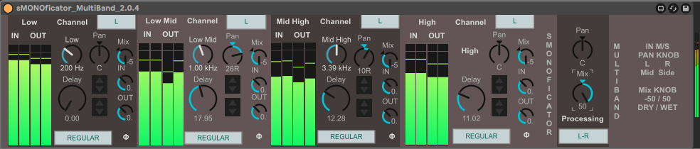 Interfaccia di sMONOficator MultiBand 2.0.4 in Ableton Live, con quattro sezioni di banda, livelli, delay, pan, mix ed elaborazione M/S.