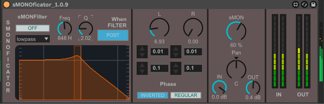 Interfaccia di sMONOficator 1.0.9 in Ableton Live, con filtro, delay sinistro e destro, controllo sMON, pan, fase e livelli di ingresso e uscita.