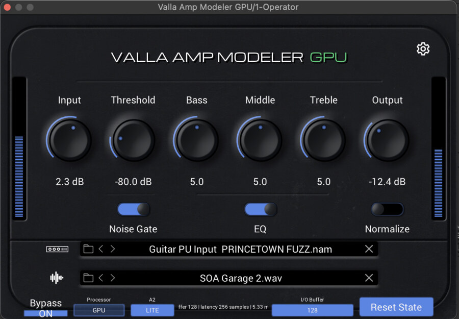 Interfaccia di Valla Amp Modeler GPU con controlli audio, Noise Gate, EQ e selezione del processore GPU.